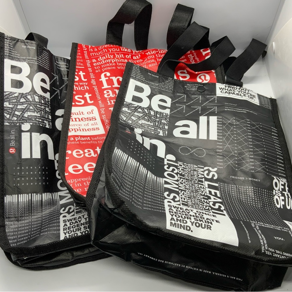 (3) lululemon Black and Red Reusable Tote Bags